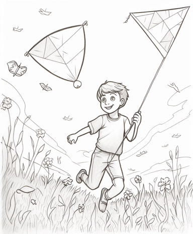 a coloring page of drawing of a boy running with a kite in his hand, a storybook illustration, inspired by Harold Sandys Williamson, lyco art, clipart, focus close on detesting eyes, made of lollypops, archie comics, geometry, picking flowers, how to draw, needles, glacier coloring , no colors, pixer, no black shadowy , colouring pages