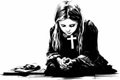 Clipart of a catholic exorcism of a girl black and white with white background