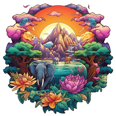 a sticker, artwork of t shirt graphic of majestic forest animals in digital painting style , beautiful flowers, sunset mountains and clouds , big vines, stone temple covered in vines, white background, colorful fantasy flower sorround, highly detailed clean, vector image, photorealistic masterpiece, professional photography, realistic, flat white background, isometric, vibrant vector, clipart, illustration, realism, 4k, , cinematic, front view, white background, paradise, extremely white backgro