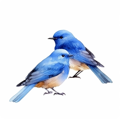 realistic pair of mountain bluebirds, watercolor style, clipart, plain isolated white background