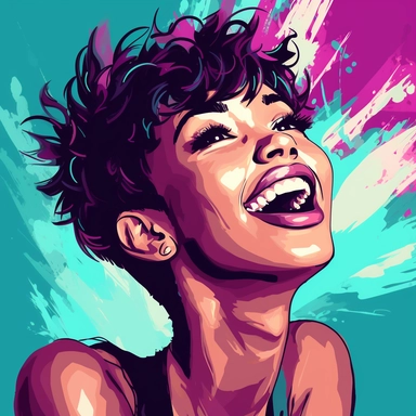 Happy Black Woman Clipart, Pixie haircut girl PNG, Black Girl, Short Pixie hairstyle Black Woman, African American Girl Hand Drawn Art Style PNG, Printable Art Style Sheer Color Style, Artstation, Single Burst of Artifacts, The Background is mostly Black Earth, Blackberry, Grape, and Teal,