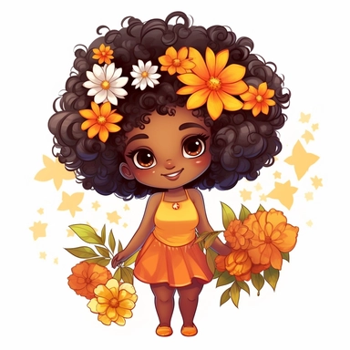 African American, pretty flower style cartoon, clipart, Chibi and Kawaii Style, white background