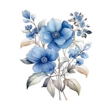 An illustration of blue flower clipart, reminiscent of the delicate and intricate botanical drawings by Beatrix Potter. Exquisite blue blossoms, meticulously rendered with fine details and graceful lines. The flowers exude a sense of elegance and serenity, capturing the beauty of nature. Cool color temperature enhances the calming atmosphere. Soft, diffused lighting adds a touch of softness, highlighting the delicate petals.