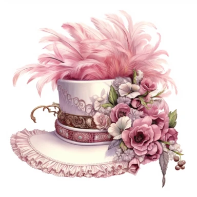 A Victorian-inspired pink tea party hat with intricate silk flowers, delicate feathers, and lace trim. The fine details in the design showcase the intricate detail of the hat. Clipart, watercolor, white background, intricate detail
