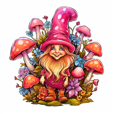 A delightful, hand-drawn clipart image of a friendly female gnome with no beard, dressed in a charming, brightly colored ensemble, sporting a tall, pink pointy mushroom hat, and standing with a welcoming smile, mushrooms and flowers, presented on a transp