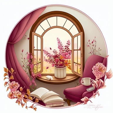Bookworm cozy reading corner, flowers, window, peach and magenta, clipart