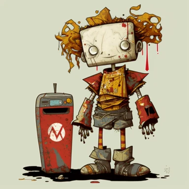 garbage pale kids format, pop surrealism digital art image of broken down, old, rusting, cartoonish, humanoid robot wearing tattered, McDonalds style uniform made of human clothing, The robot is in an art style inspired by artists like Tara McPhereson, Nooligan, and Robin Eisenberg. To be used for digital clipart. Use dull, 1970's style, yellow, green, brown color scheme for the robot. The robot is serving a giant footlong sandwich from behind the counter of a fast food restaurant