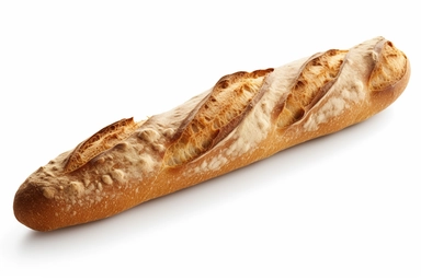 a warm and crusty baguette, its elongated shape boasting a crisp exterior and a soft, chewy interior. The baguette is sliced and served with a pat of creamy butter, perfect for accompanying a hearty soup or creating a classic French sandwich. Soft, diffused light adds a touch of rustic charm to the scene and enhances the bread's artisanal appeal, Photo clipart, super detail, vignetting, shot with Nikon D3000,