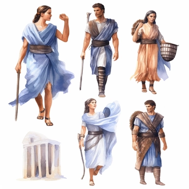 Watercolor well built roman man and woman with white cloths , illustrations clipart set, simple, , cartoon elements, different variants , separate elements with a margin