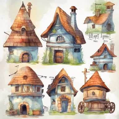 Watercolor Fantasy Castle ClipArt - Castles, Thatched Roof Houses, Carts, Single design