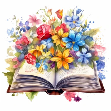 a detailed watercolor clipart showcasing a floral open book, where each page unfolds to reveal a kaleidoscope of blooming flowers, offering endless inspiration, Transport yourself to a world of floral abundance and creativity, white background