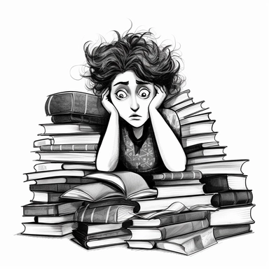 Clip art illustration of a gender-neutral (neither male nor female) law school student stressed out (leaning over a large pile of books.) Black and white.