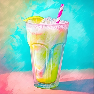 Clipart soft watercolor pastel neon colors without splashed background - pina colada milkshake glass cup with splitted pina colada peaces on top - hard contrast - high details - enough space between each item