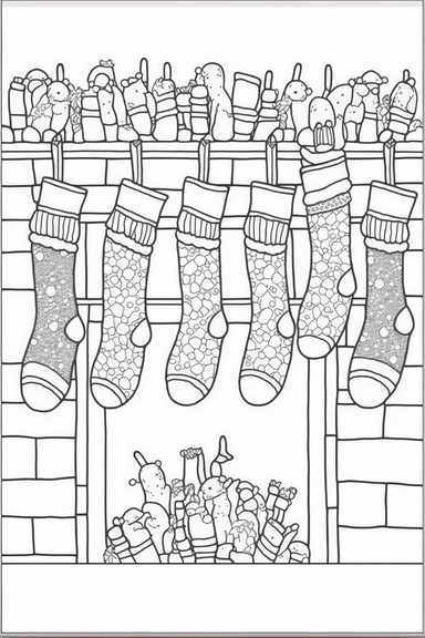 row of Christmas stockings hung on nails over the fireplace, hilarious happy bunny rabbits peaking out from each stocking, fireplace christmas presents, well composed symmetrical, mosaic, intricate, whimsical, cute, black and white coloring book for kids, line art style hand drawn, clip art, pure black, pure white, white background, 100% white fill, no noise, clean lines, outline art