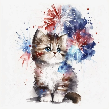 watercolor 4th of july cute kitten fireworks clipart, white background