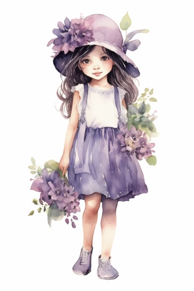 full body of flower baby girl watercolor clipart illustration, in the style of realistic lifelike figures, violet skirt and flowers, miwa komatsu, depiction of rural life, carolyn blish, tatiana suarez, cartoony