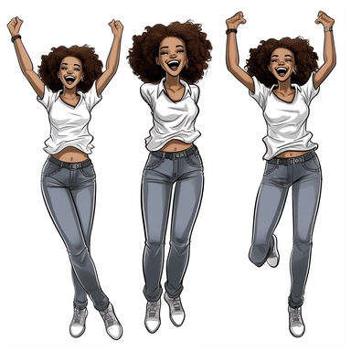 clipart girl outlined in black with a solid white background, happy expression, different poses, teenager, African American