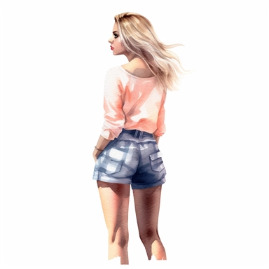 glamour model posing, blonde hair, hotpants, full length, her back is facing the camera, her head is looking to the right, her hair up is up in a ponytail, watercolour style, fine details, 8k clipart png transparent
