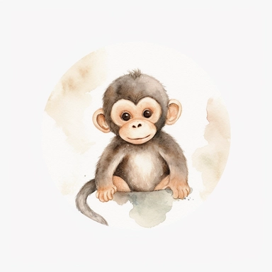 watercolor clipart, white background, cute and adorable playful monkey, perfect for stickers and print on demand, by François Boucher