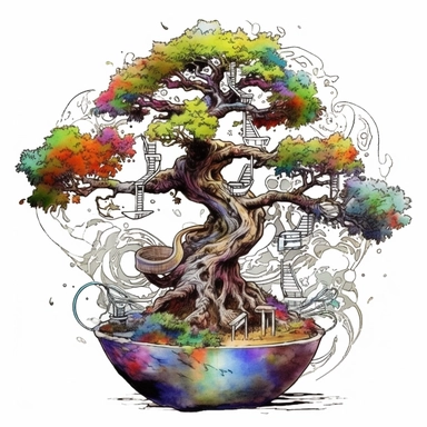one bonsai tree singing resouling of all time Watercolor clipart on a white background, in the style of digital gradient blends, classic tattoo motifs, rounded shapes, esao andrews, stained glass effects, realistic forms, water drops, no watermark, text, 300 DPI , typography, shapes do not stick together, no text in the picture, on a white background