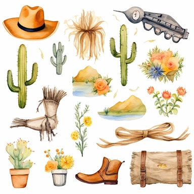 Watercolor western clipart on a white background, ranch clip art, freebie, in the style of Voigtlander brilliant, flower and nature motifs, whistlerian, handcrafted objects, California plein air, maximalist, old - world charm, no watermark, text, words, paintbrush, typography, the images do not stick together, simple vector line around entire image for easy background removal