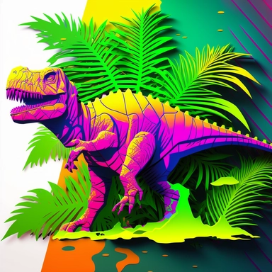 Dinosaur clipart Featuring Bright and vibrant colors like neon green, electric blue, and hot pink set against lush greenery and palm trees. The mood is playful and energetic, with dinosaurs lounging in the sun or splashing in the water. Photo realistic ar 5:7 q 2