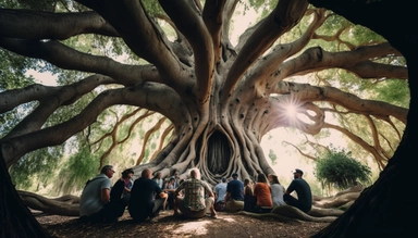 The photograph selected as the header for the Leadershipedelics YouTube channel features a tranquil outdoor setting, radiating inspiration and growth. A majestic tree with sprawling branches and vibrant foliage occupies the center of the image, symbolizing the strong roots and interconnectedness of spirituality, creativity, and leadership. Beneath the tree, a diverse group of people of various ages, ethnicities, and backgrounds are engaged in an animated conversation. They sit in a semicircle, i