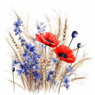 red poppies with cornflowers and wheat stalks, herbarium style, blurred artistic watercolor painting style, dreamy, soft, line drawing, very detailed, clipart, white background