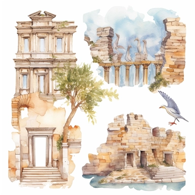 watercolor turkey ephesus ruins, illustrations clipart set, simple, , cartoon elements ,different variants ,marble elements, separate elements with a margin