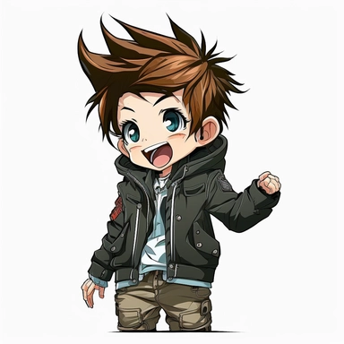 a laughing 5 year old boy anime character with black jacket and blue eyes, clipart on white background, full body