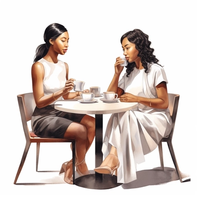 illustration clipart of two Asian african american women sitting at a cafe table having coffee together, hyperrealistic, white background
