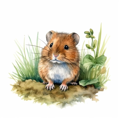 beautifully detailed cute Woodland bank vole in the grass watercolor clipart, white background