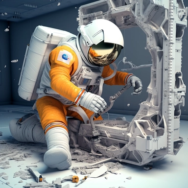 Clipart, An astronaut repairing a broken part of a space station, hyperrealistic, hyper high definition
