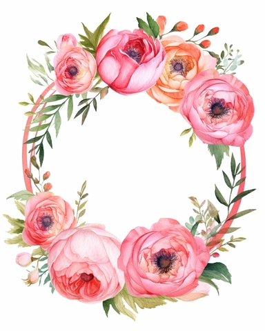 vibrant watercolor pink peony flower wreath with wide middle white space, realistic, clipart