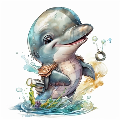 happy cute baby dolphin for kids playing with funny items, cartoon, highly detailed, watercolor, clipart, illustration, digital painting, paper crafting, no signature, no text