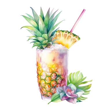 A refreshing pineapple and coconut cooler in a tall glass, with a slice of pineapple and a tiny umbrella on top , Watercolor, pastels, clipart, beautiful, colourfull, png transparent white background, high resolution, no caption q4 s2