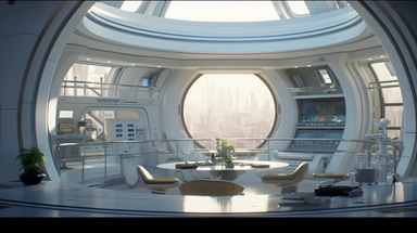 movie clip scene mid day of summer, circular elevated living pod, shimmering lights and shadows over living room studio library and kitchen open concept photographic high definition render, cold blinding shinny white fall light god rays shadows shimmering closeup detail concept art detailed painting with giant spaceship window of a cool industrial living quarters spaceship , huge over window with gorgeous galactic view, happy blade runner android, cool airvehicle cockpit, living bedroom office, 