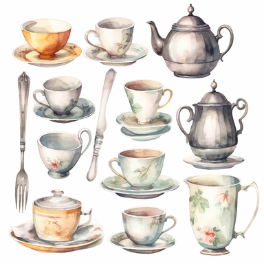Watercolor vintage china porcailain tea set, illustrations clipart set, simple, soft colors, cartoon elements, different variants, teapot, sugar bowl, jug of milk, , stacked china plates, tongs, china cup and saucer,napkin, stacked teacups, ,silver knife, ,silver fork, ,silver spoon,napkin, place holders, vase of flowers separate elements with a margin