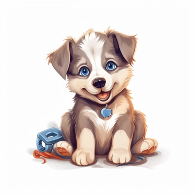 Alaskan Malamute, cartoon clipart, wathercolor of art adorably puppy on white background, simple and Adorable little puppy sitting on the ground with a bone in its mouth, big eyes and a friendly expression, cleaning