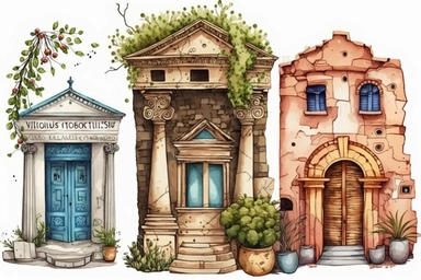 Very cute and Whimsical antique houses of Athens, ancient Greece, ancient architecture, period of B.C., colorful, Watercolor in the style of Drew Brophy, clip art, white background,