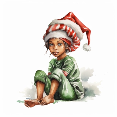 Christas elf red green christas clothes black skin in a sitting position clipart, water color illustration, mary cecily baker style