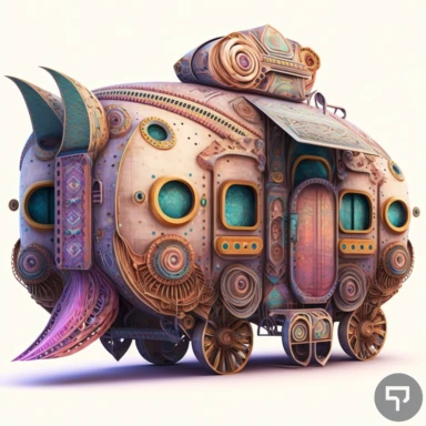 D patchwork clipart, mutant steampunk giger, stitched fabric yurt, colorful die cut sticker, patchwork quilted mechanical covered wagon, 3D, HD, unreal engine, 8k, centered