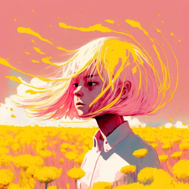 dreamlike hyper realistic illustration of a white fire haired girl's spirit in a field of pink and yellow flowers, flat colors, simple lines, gorgeous lighting, graphic novel style, 2d painting, ink painting style, digital art, childrens character design, happy mood, pixar style cartoon, line work, minimalist, watercolor, 8k, PNG, clipart on white background, sticker style, studio ghibli vibe, studio ghibli style