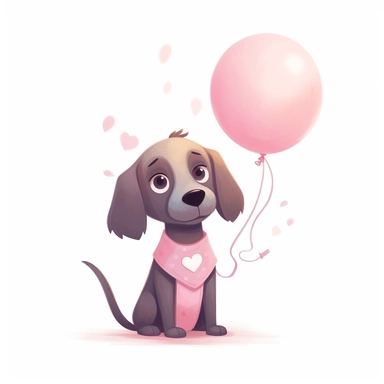 A cute dog clipart holding a pink balloon, in the style of Mary Blair, muted and pastel color palette, white background.