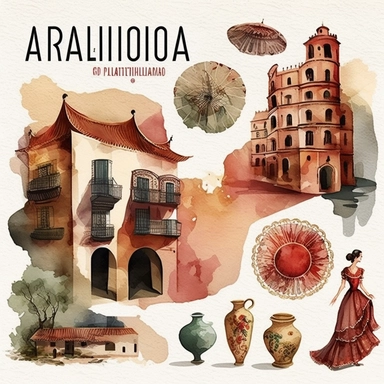 set of 10 cliparts of spanish culture, flamenco, architecture, watercolor, faded