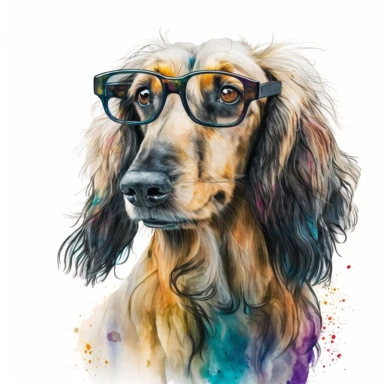 a watercolor painting of a Afghandog Hound COOL with glasses, clipart, white background