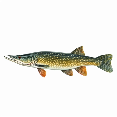 northern pike fish, isolated in white, white background with no external elements or shadows, isolated clipart figure, gorgeous colorful 3D Render
