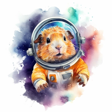 A playful watercolor clipart of a guinea pig astronaut, floating in space with a helmet, the scene rendered unique with bold colors and thick outlines. White background, no shadowing.
