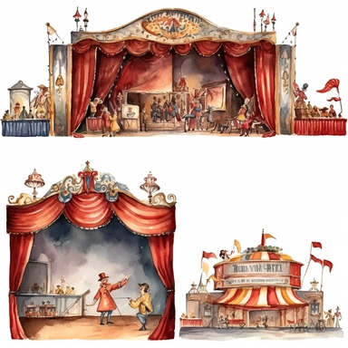 watercolor 1910s 1920s 1930s 1940s theatre stage, illustrations clipart set, simple, , cartoon elements ,different variants ,shows,separate elements with a margin
