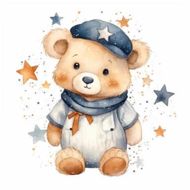 watercolor sailor bear with stars by the free art set of clipart clip art set, in the style of light cyan and dark beige, sabattier filter, multidimensional layers, dark white and light orange, layers of texture, sharp linework, vector, illustration, white background